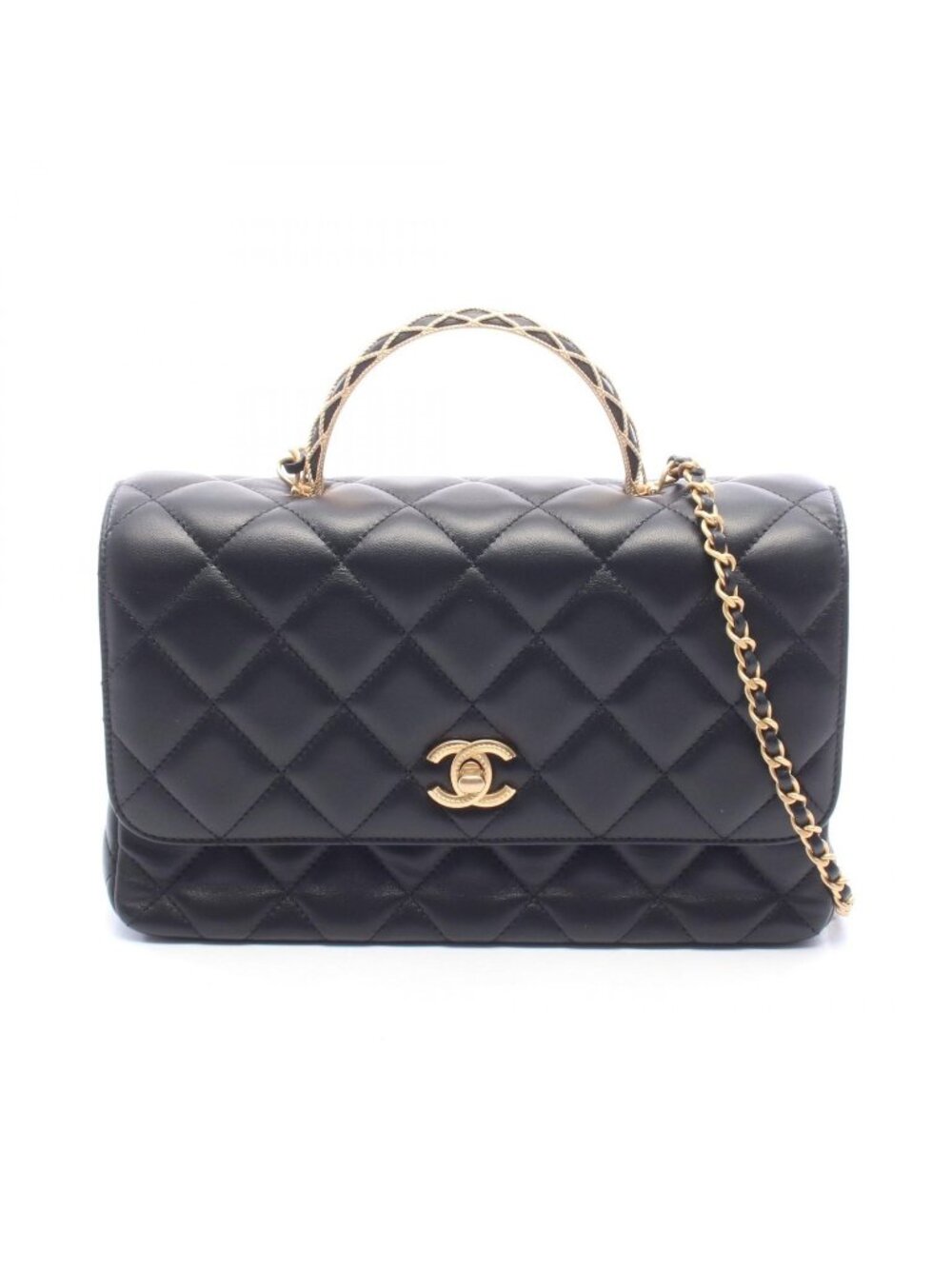 Chanel Shoulder Bag Top Handle Quilted 2-Way Black Lambskin Chain